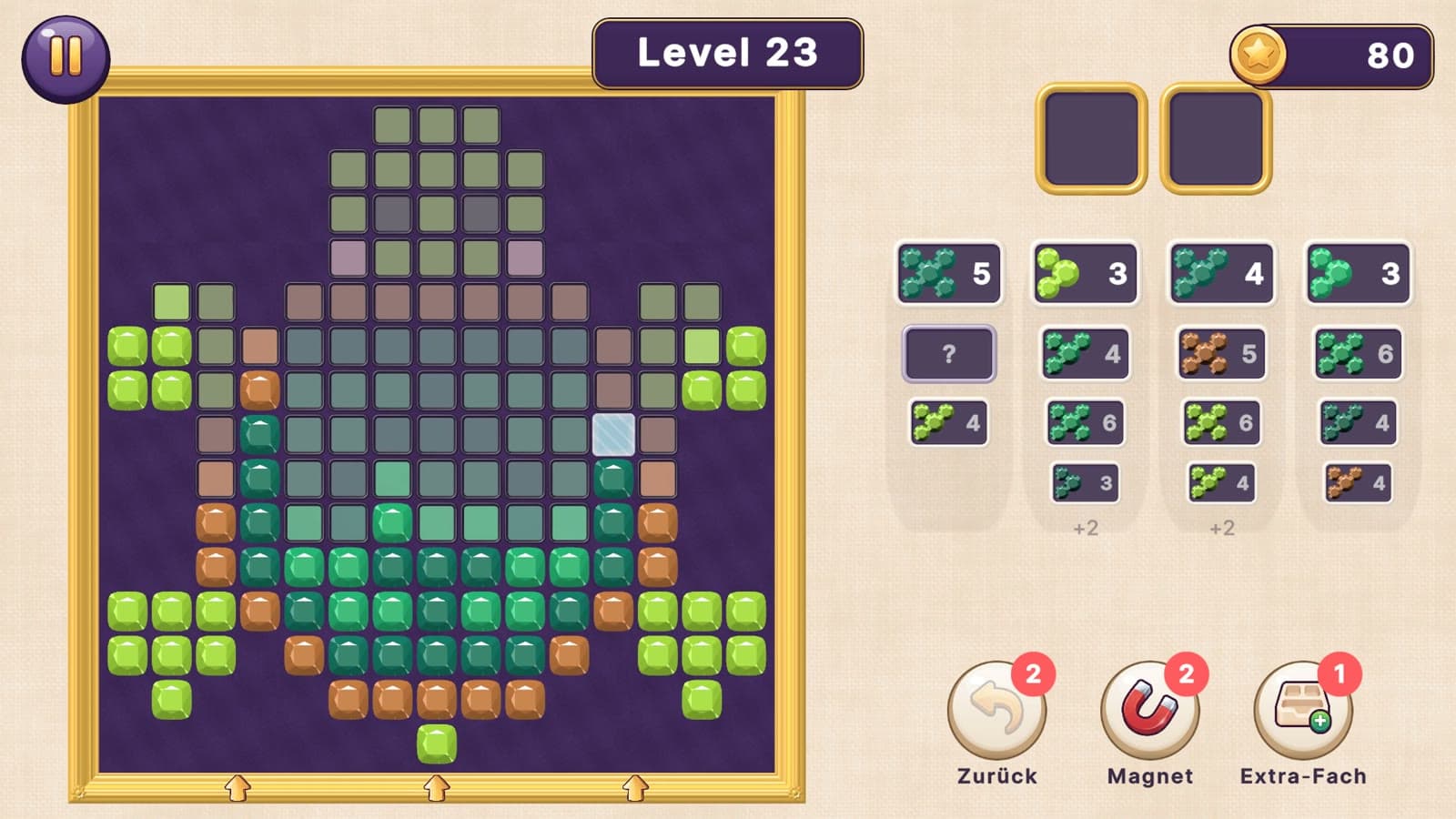 Level 23 at the start: trays of gems waiting next to the empty picture