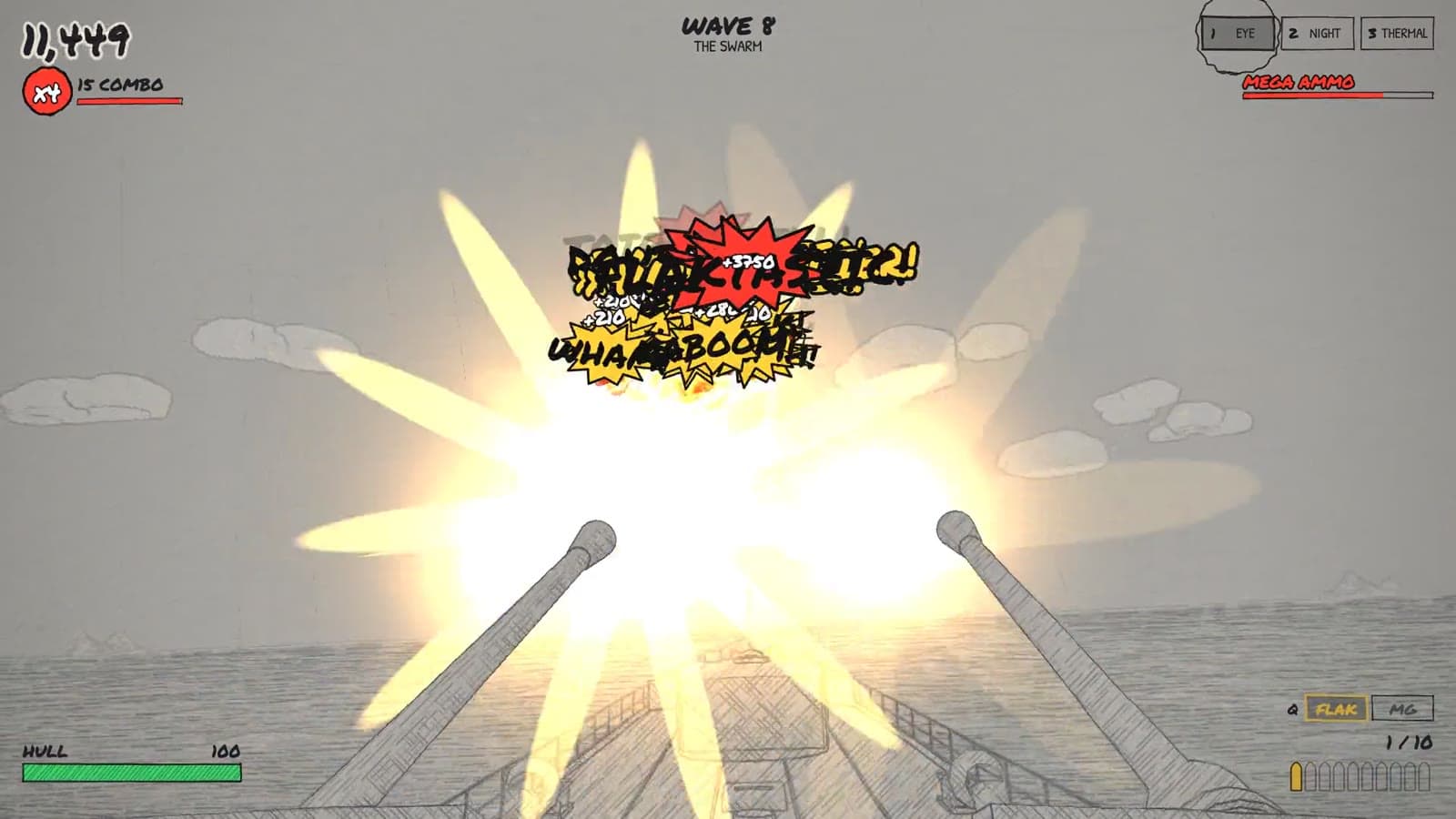 A bomber breaks apart in a blinding flak burst over the deck
