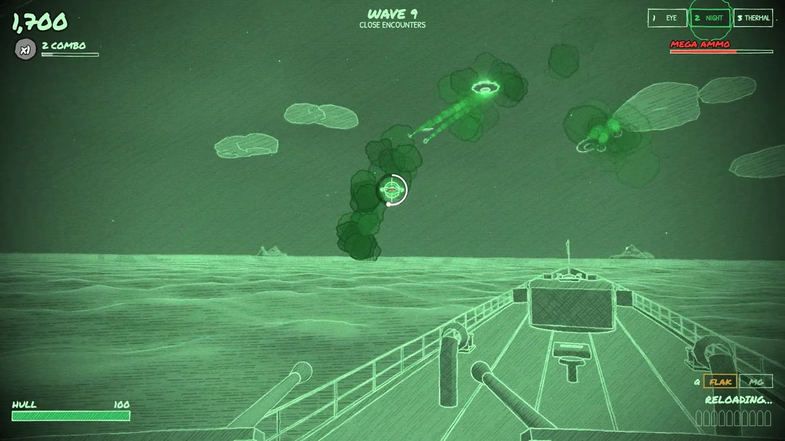 Night-vision view: UFOs over the destroyer at night